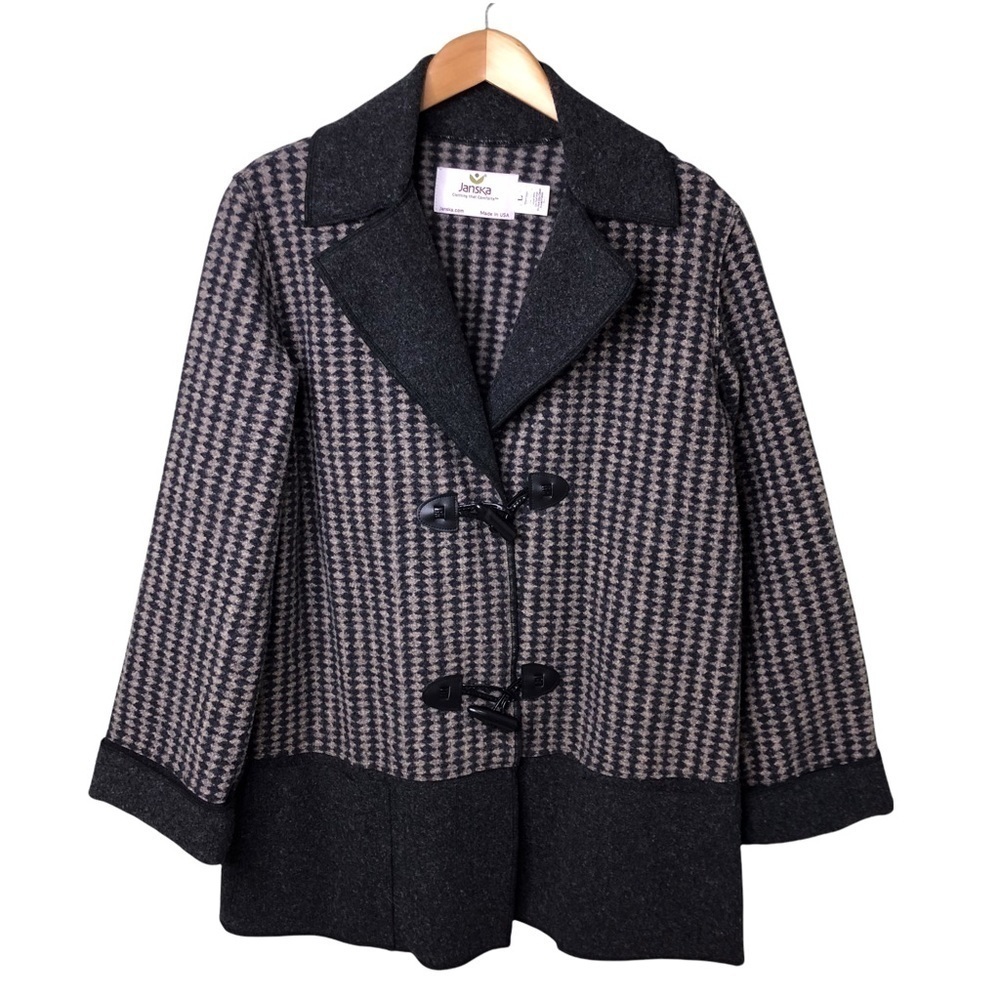 Janska Houndstooth Toggle Jacket Gray Fleece Shacket Pockets Size Large